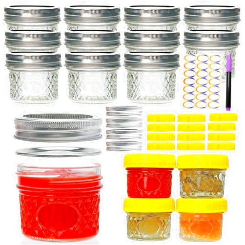 Datttcc 4 oz Mason Jars, Mini Glass Jars, Small Mason Jars with Silver and Yellow Lids for Honey, Jams, Seasonings, for Kitchen, Bathroom, Gift Giving, Pack of 16