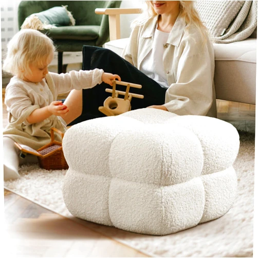 Zesthouse Square Pouf Ottoman, Modern Ottoman Coffee Table for Living Room, Fuzzy Sherpa Ottoman Foot Rest, Upholstered Tufted Ottoman Stool for Couch, White