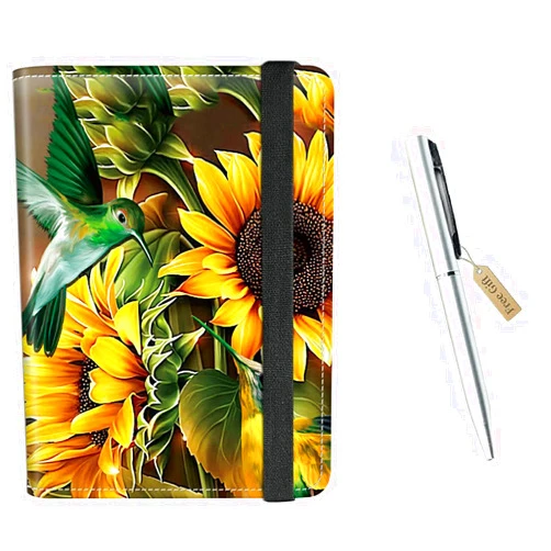 Dikoer Passport Holder with Vaccine Card Slot Combo, Dikoer PU Leather Travel Documents Organizer Elastic Strap Protector with RFID Blocking Cover Case for Women Men, with Pen, Sunflowers Hummingbird