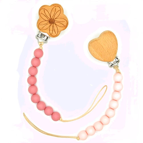 Canjolie Wood Paci Clips 2 Pack for Baby Girl, Premium Flexible Bead Design, Universal Fit, Safe Pacifier Holder