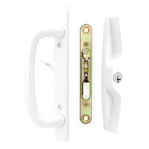 FPL Door Locks and Hardware Inc. Veranda Sliding Glass Door Handle Set with Mortise Lock, White, Keyed, 3-15/16” Screw Holes, 1-3/4” Door Thickness