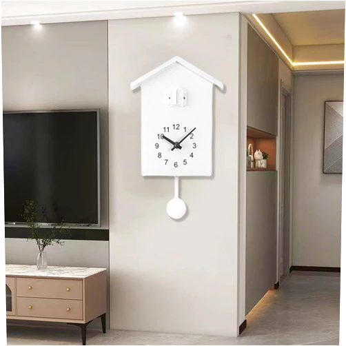 TreasureCave 1PC Minimalist Cuckoo Clock Cuckoo Wall Clock with Pendulum, Cuckoo Bird Voices Call Pendulum Wall Art Wall Clock, Minimalist Clock House Wall Art for Living Room Office Decoration(White)