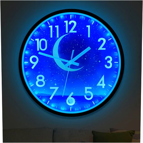 JoFomp Glow in The Dark Wall Clocks Battery Operated, 12 Inch Blue Moon Silent Wall Clock Non Ticking, LED Sound Control Light Up Wall Clock for Bedroom, Night Light Wall Clocks for Living Room Decor