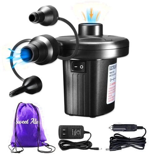 Sweet Alice Electric Air Pump, 110V AC/12V DC Portable Air Mattress Two-Way Universal Inflator Pump for Inflatables Pool, Airbeds, etc with 3 Nozzles and 1 Storage Bag