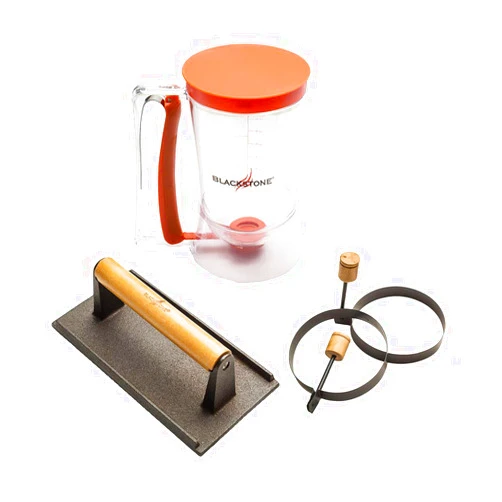 BLACKSTONE 1543 Outdoor Griddle Breakfast Preparation Kit with Pancake Batter Dispenser, Cast Iron Bacon Press, and 2 Non Stick Steel Egg Rings