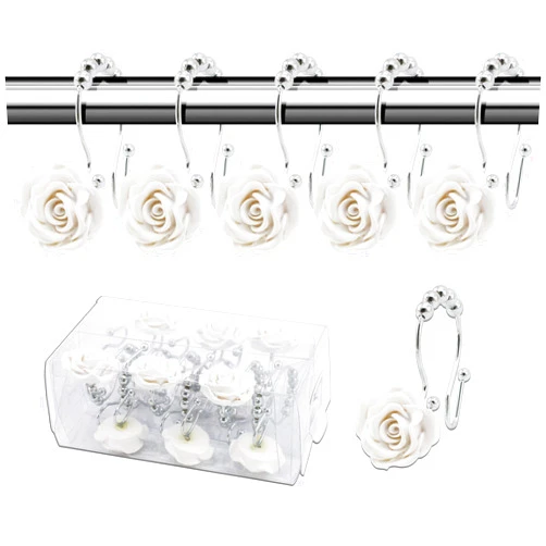 BEAVO Rose Shower Curtain Hooks,12 Pcs Double Glide Shower Curtain Rings Stainless Steel Rustproof Decorative Shower Hook Ring with Resin Rose Flower for Bathroom Shower Rods (White)