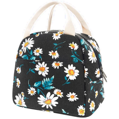 EurCross Women's Lunch Bags for Work with Chic Floral Daisy Pattern,Canvas Stylish and Insulated Black Lunch Tote Bento box Bag Carrier of On-the-Go Storage