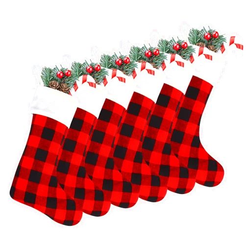 DIYASY Christmas Red Black Buffalo Plaid Stockings,6 Pack 18 Inches Large Plaid Stockings with Plush Cuff,Classic Christmas Stockings Decorations for Fireplace Hanging and Holiday Décor