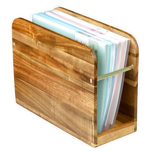 MyGift Premium Hotel Series Solid Acacia Wood Tabletop Magazine Holder Stand with Brass Tone Metal Accent, Freestanding Wooden Rack for Magazines Newspapers Files