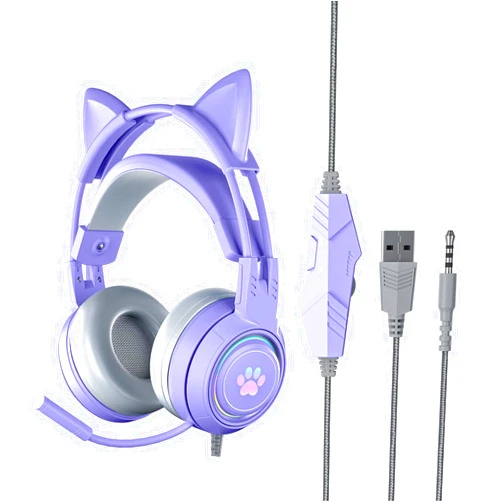Lomiluskr Cute Cat Ear Headset with Mic, Wired Over Ear Headset, Detachable Cat Ears, Neon Light Effect, Adaptive Headband, 50mm Speaker, Single 3.5mm Plug, Compatible with PC, Laptop (Purple)