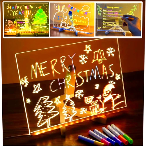 Gosarhey LED Note Board with Colors, 11.8 X 7.9” Led Drawing Pad Acrylic Dry Erase Board with Light, Light Up Dry Erase Board with Adjustable Stand, Led Board White Board with 7 Pen for Office School Home