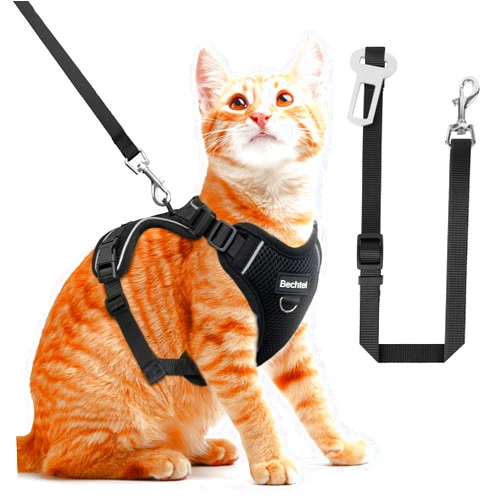 BECHTEL Cat Car Harness and Leash for Walking, The Upgrade Can be Adjusted in Four Directions and Breathable Cat Harness for Anti Escape That can be Fitted and Positioned, Reflective Strips Harness, Black, S