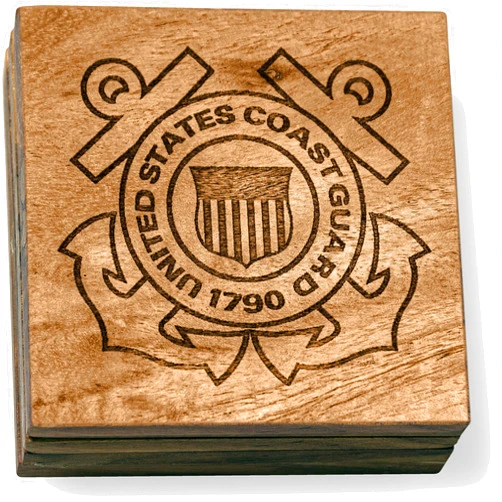Prestige Decanters Coast Guard Coasters – US Coast Guard Engraved Acacia Wood Coasters - United States Coast Guard Décor - USCG Gifts for Retirement, Graduation, Birthday – USCG Home Decor (Set of 4)