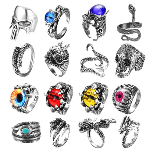 FIBO STEEL 16 Pieces Vintage Punk Rings for Men Women Gothic Rings Silver Black Dragon Snake Claw Skull Octopus Eyes of Hell Open Adjustable Rings Set