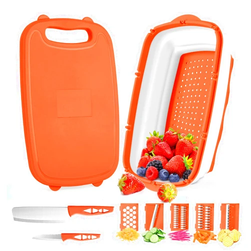 Gintan Camping Cutting Board, 9-in-1 Collapsible Chopping Board with Colander, Gifts for Campers Happy Camper,Camping Accessories for RV Campers(orange)