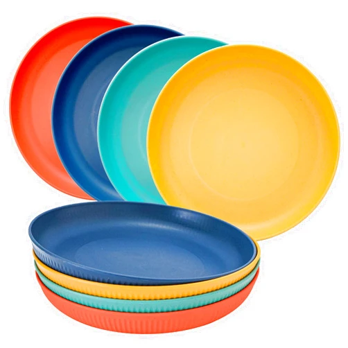 Osonm 8 Pack Wheat Straw Plates, Lightweight 9.1 Inch Deep Dinner Plates Unbreakable Plastic Plates Reusable for Kitchen Camping RV, Dishwasher & Microwave Safe