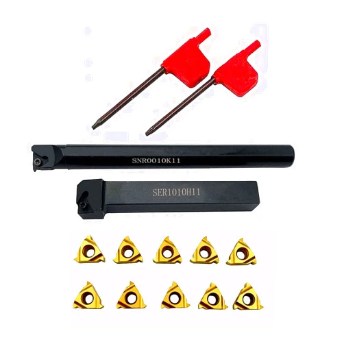 GBJ Lathe Threading Tool External + Internal Threading Holder SER 1010H11+ SNR 0010K11 Threading Holder with 11ER AG60 11IR AG60 Threading Inserts (SER1010H11+SNR0010K11+11ER A60+11IR A60 (Gold))