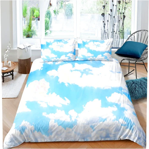 Erosebridal Sky Bedding Set White Clouds Comforter Cover for Kids Girls Boys Teens,Natural Scenery Duvet Cover Ultra Soft Microfiber Bedspread Cover Bedroom Decor 3 Pieces Full Size Blue
