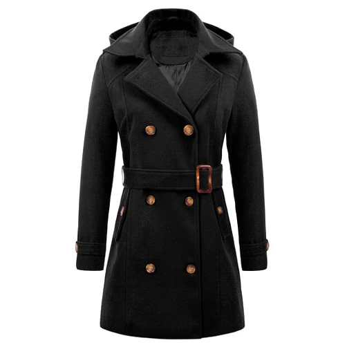Chrisuno Women's Double Breasted Pea Coat Hooded Long Winter Trench Coat