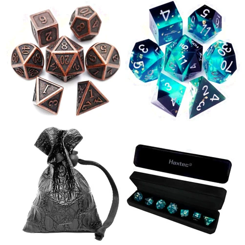 Haxtec Antique Copper Metal DND Dice Set with Sharp Edge Blue Black Gold Foil DND Dice Set Bundle