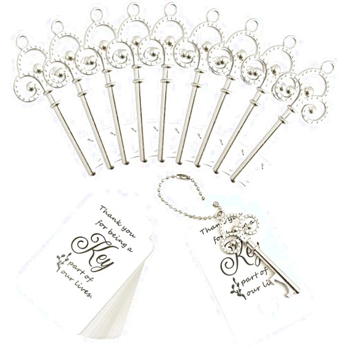 WODEGIFT 100 pcs Key Bottle Opener Wedding Favors for Guest, Vintage Skeleton Key Bottle Opener with Escort Tag Cards and Key Chains (Silver)