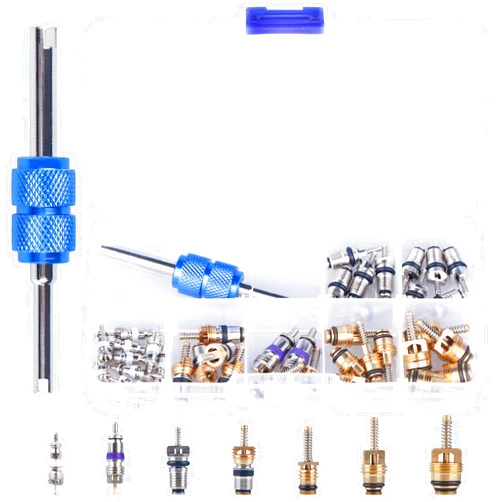 YNEGSDE AC Valve Core Kit R12 R134a Automotive Air Conditioning Refrigeration Tire Valve Stem with Double Head Dual Dismantling Remover Tool Assortment Kit 40Pcs