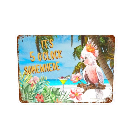 Lutieger It's 5 O'Clock Somewhere Summer Parrot Aluminum Sign Beach Happy Hour Pool Beach Hot Tub Vintage Metal Tin Signs Retro Garage Signs Men Wall Decorations for Garage Man Cave Shop Bar Pub Decor 8x12