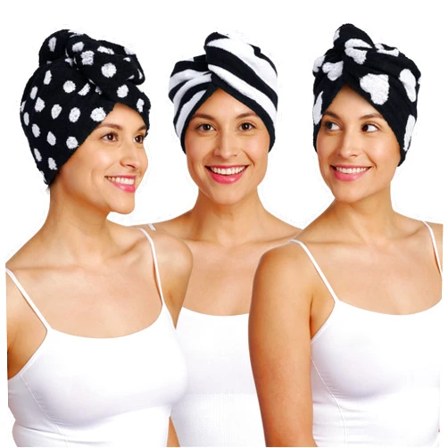 Turbie Twist 3-Pack Cotton Hair Towel Wrap for Beauty, Travel, Gifting - Fast-Drying Turban for Luxurious Personal Care - for All Hair Types & Lengths - Black Polka Dot, Stripe & Heart Pattern