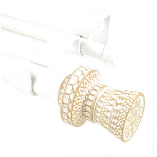 SKYPLUS LIVING Modern Boho Style Single Curtain Rod Set with Round Carved Finial, 72-144 inch, Standard Double White Drapery Rod for 1 Pack, 1 inch diameter, Adjustable Length