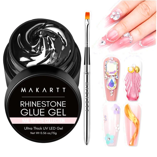 Makartt Nail Rhinestone Glue Gel with Brush Pen Set, 15ml Clear Nail Gem Glue Wipe-Off Super Strong Adhesive Nail Art Glue Gel for Nail Decorations 3D Stones Charms Flowers, Nail Lamp Needed