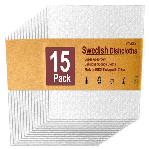 Vovoly 15-Pack, Swedish dishcloths for Kitchen, Cellulose Sponge Cloths, Reusable Kitchen Towels, Dish Cloth for Cleaning, No Odor Absorbent Kitchen sponges, Eco-Friendly Dish Towels, White