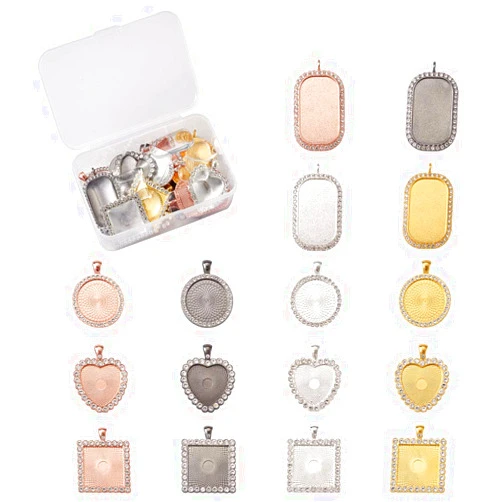 BB Beadthoven Beadthoven 16pcs Rhinestone Bezel Cabochon Trays Set Mixed Color Flat Round Rectangle Square Heart Alloy Crystal Pendant with Transparent Glass Cabochons for DIY Jewelry Crafts Making Findings