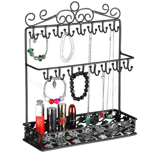 MOCOME Black Metal Jewelry Holder Organizer Stand Necklace Holder Stand with 32 Hooks and Tray for Woman