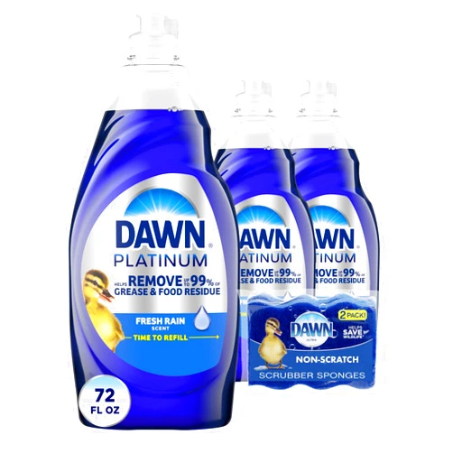Dawn Platinum Dish Soap Liquid, Dishwashing Liquid, Grease Removal, Fresh Rain, 3x24oz + Sponge Bundle