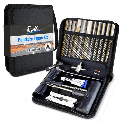 Tirellix Flat Tire Repair Kit (Multi-Tool with Pliers) - 24 PieceTire Puncture Repair Kit for Car, Auto, Emergency Tire Repair Tools and Tire Plugs in Organizer Carry Case, for Tubeless Tires