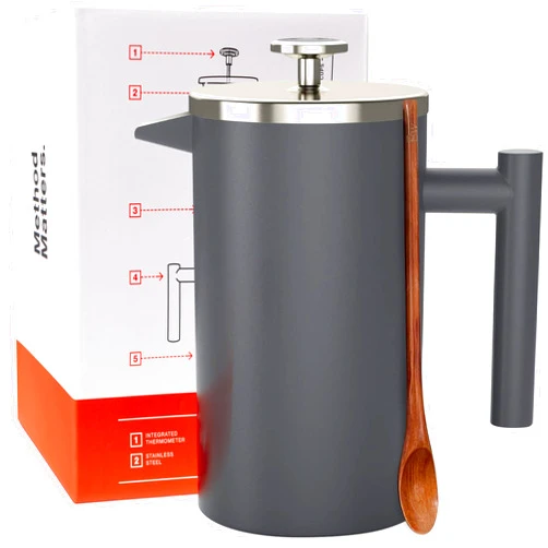 Barista Warrior French Press with Thermometer - Insulated Coffee Press - Stainless Steel French Press Coffee Maker (1.0L, 34 fl oz, Gray)