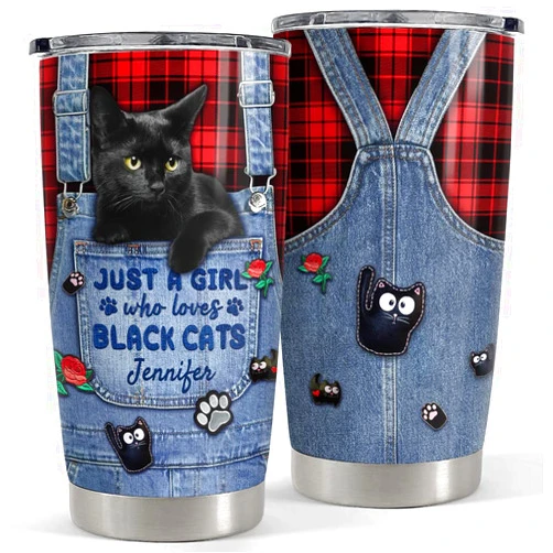 SANDJEST Personalized Black Cat Tumbler Just A Girls Who Loves Cats 20oz 30oz Tumblers with Lid Gift for Women Daughter Family Christmas Birthday Summer Vacation