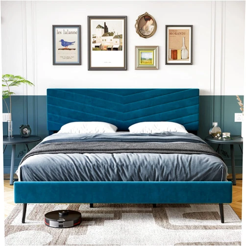 Homhougo Full Size Bed Frame with Adjustable Headboard, Velvet Upholstered Platform Bed with Solid Wood Slats Support, No Box Spring Needed, Noise-Free, Green