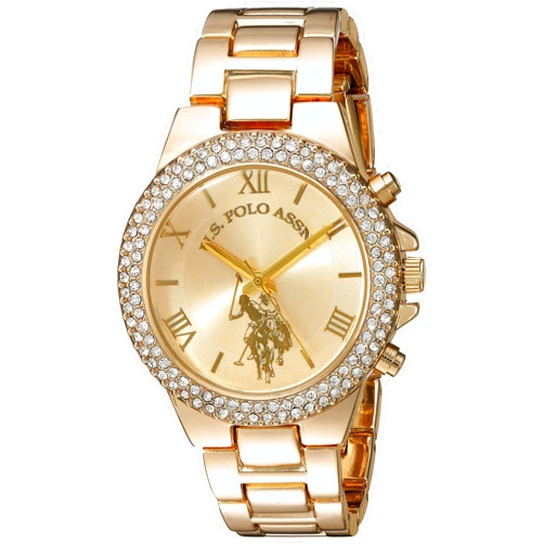 Accutime U.S. Polo Assn. Women's Analog Watch – Gold-Tone Dial with Crystal-Embellished Bezel and Stainless Steel Bracelet – Elegant, Durable, and Adjustable Fit for Wrists 5.5