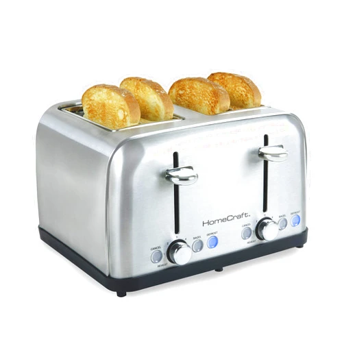 HomeCraft Nostalgia HomeCraft HCTST4SS Stainless Steel 4-Slice Toaster, Extra Wide Slots, Blue LED-Lighted Controls, Bagel, Defrost & Cancel, 6 Browning Levels, Perfect for Bread, English Muffins, and Waffles