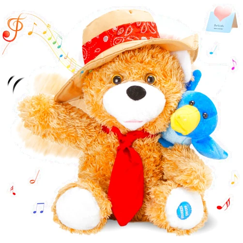 Houwsbaby 12'' Electronic Singing Dance Teddy Bear Stuffed Animal with Cowboy Hat,Musical Interactive Plush Toy Gift for Kids Baby Bluebird Stands on The Shoulder Easter Birthday