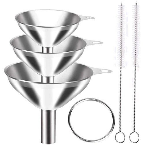 Teensery 3 Pcs Stainless Steel Funnel Food Grade Metal Kitchen Funnel with 2 Cleaning Brushes for Filling Bottles, Transferring Liquid, Oil, Water