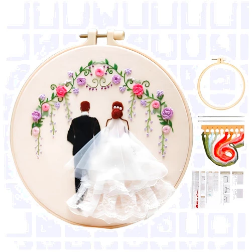 MovFlax Wedding Embroidery Kit, Stamped Cross Stitch Wedding Patterns Kits for Beginners, Water Soluble Hand Embroidery Patterns Kit for Adult Starter with Hoops, Needles and Instructions