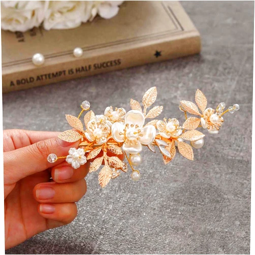 EVAZEN Flower Wedding Hair Clips Gold Leaf Hair Barrette Pearl Hair Clip Bridal Hair Accessories for Women and Girls