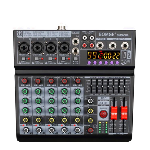 BOMGE 06A Professional 6 Channel DJ Audio Mixer, DJ Controller Sound Mixer with 99 DSP Effects,7-band EQ Independent 48V Bluetooth USB Interface Recording for Studio Stage Party Home Recording