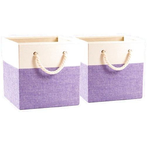PRANDOM Large Foldable Cube Storage Bins 13x13 inch [2-Pack] Fabric Linen Storage Baskets Cubes Drawer with Cotton Handles Organizer for Shelves Nursery Closet Bedroom Purple