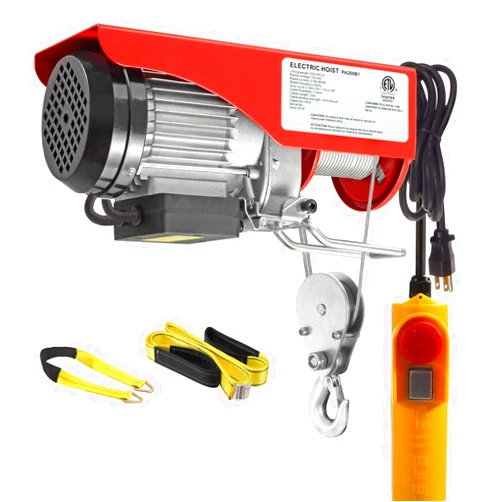 Partsam 440Lbs Lift Electric Hoist Crane Remote Control Power System, 110V Electric Hoist Zinc-Plated Steel Wire Overhead Crane Garage Ceiling Pulley Winch w/Straps (w/Emergency Stop Switch)