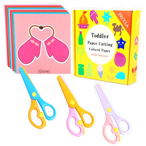 PECULA Safety Scissors For Toddler, Kids, Children - Plastic, Dual-Color Preschool Training Scissors(3 Pack), Paper Cutting(96 Pcs) Set For Paper Craft Supplies