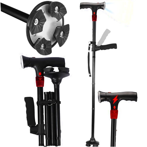 ANCKNE Walking Cane for Men & Women with Alarm, LED Light and Foldable Handle, Foldable, Adjustable, Lightweight, Free Self Standing Walking Cane for Seniors & Adults