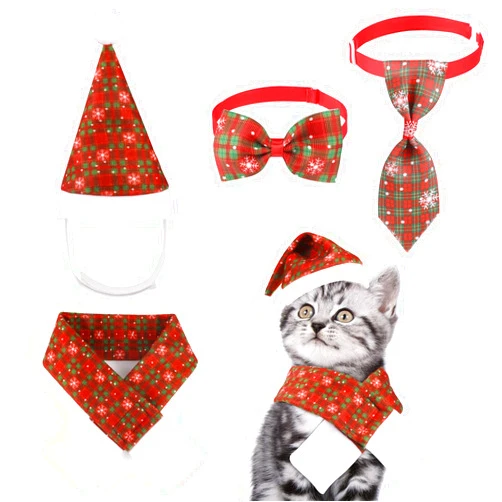 Jupsk Christmas Dog Cat Santa Hat with Scarf and Adjustable Bow Tie Collar and Pet Necktie, Essential Plaid Snowflake Xmas Costume Set for Small Dogs,Cats,Kitten,Puppies,Xmas Pet Outfit,Style B